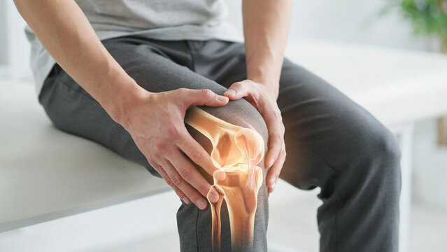 Adult man holding knee with transparent view of knee joint in medical setting with copy space