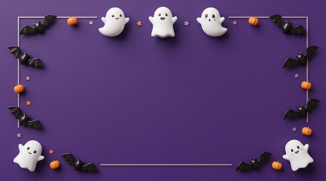 Halloween theme border frame with cute 3d ghosts and bats on a flat purple surface