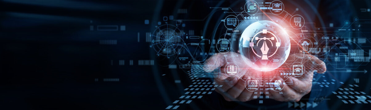 Virtual instructor. Human hands holding E-learning glowing global globe streaming online academic courses everywhere. Remote student accessing educational study portal materials.