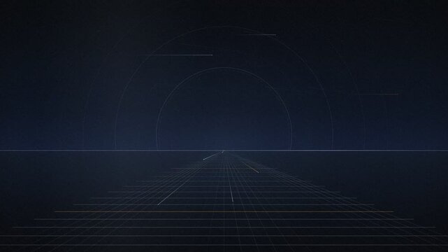 Futuristic Sci-Fi Grid Horizon with Radar Rings and Light Trails