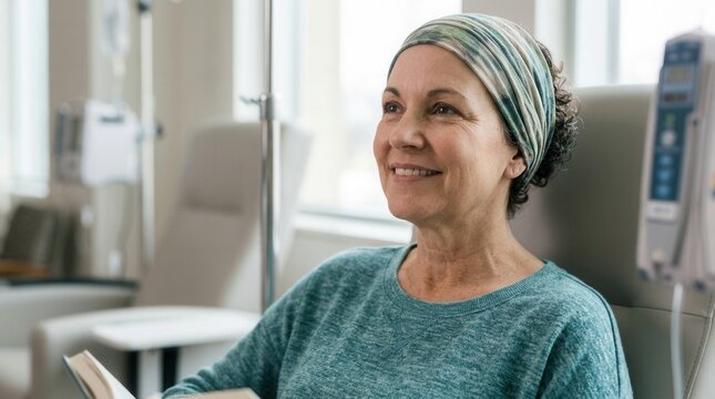 Hopeful Woman Undergoing Treatment Reads Book During Infusion Session