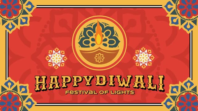 Red 4K loop Diwali background with "Happy Diwali Festival of Lights" text, central circular diya badge, yellow-blue corner rangolis and framed border. Ideal for video backdrops and promo ads.