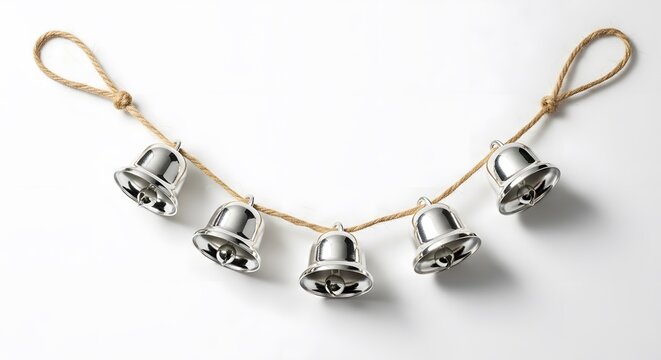 Small silver sleigh bells strung on natural twine for holiday decoration against a clean white background