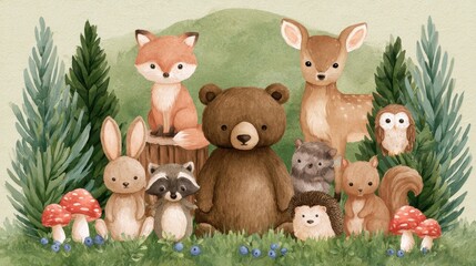 Fototapeta premium watercolor woodland animals set gathered in forest with bear fox rabbit deer raccoon hedgehog squirrel owl and red mushrooms cute nursery art digital illustration background wallpaper poster print