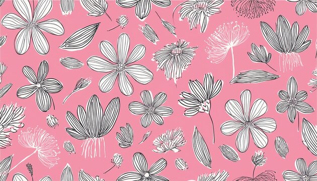 beautiful flower doodle line hand draw broken brush seamless pattern on pink background color