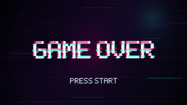 Retro Arcade Game Over Screen With Neon Pixel Glitch