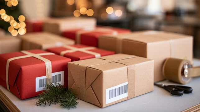 Christmas parcels with bar codes prepared for seasonal shipping packing and holiday delivery
