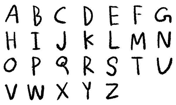 Handwritten alphabet brush font set PNG. Uppercase A-Z, capital letters. Casual doodle grunge style, rough black typography element. Isolated transparent cutout object.