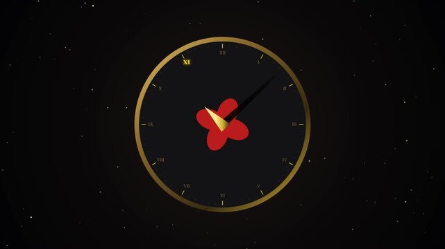 Celestial sundial alignment with golden roman numerals on a dark starry background featuring a cosmic clock face with moving hands and light rays in a deep space motion graphics animation.