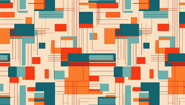 geometric seamless pattern featuring bold orange and teal overlapping rectangles on cream background modern abstract design retro style clean shapes repeating texture contemporary decor