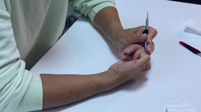 A focused person carefully cleans around their cuticles using a metal tool. The hands work gently at a clean white desk. The self-care routine feels calm and serene.
