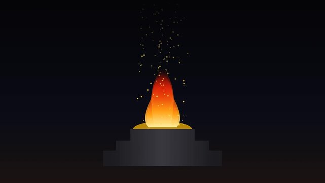 Minimalist 2D animation of an eternal flame burning on a tiered stone pedestal memorial, representing a cenotaph monument of remembrance, honor, and sacrifice on a dark background with sparks.