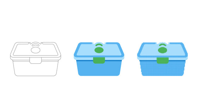 Lunchbox and food container vector icon set. Featuring outline style and flat colored containers with secure lids. Perfect for culinary projects