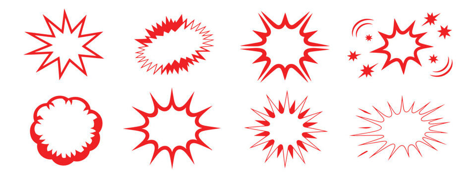 Comic Explosion Burst Doodle Set, Hand Drawn Starburst, Boom, Sunburst And Impact Effect Shapes For Cartoon Illustrations, Comics, Stickers, Posters And Dynamic Graphics.