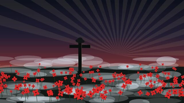 Silhouette of a battlefield cross with a soldier helmet standing in a field of red poppy wildflowers under a dramatic ray light sky with morning mist, symbolic war memorial illustration.
