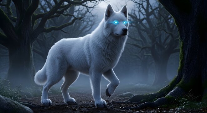 White wolf with glowing eyes walking in a dark misty forest at night