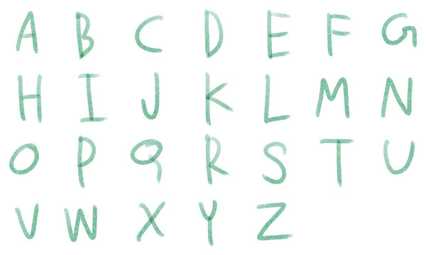 Handwritten alphabet PNG cutout set. A-Z letters - Childlike educational learning style, simple green doodle sketch. For kids design, teaching, scrapbooking. Isolated transparent object.