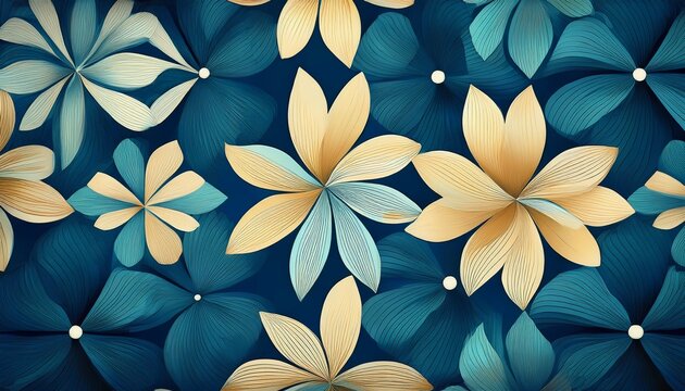 geometric seamless pattern blue abstract floral pinwheel motifs in cream and teal on a deep blue background modern flower retro design repeating symmetry minimalist style vibrant contrast