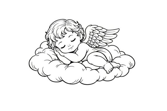 Sleeping angel child resting on soft clouds, black and white illustration