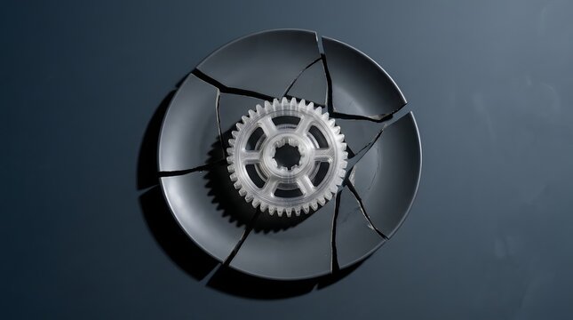 Plastic gear resting on a shattered black ceramic plate illustrating incompatible systems and the destructive pressure of poor foundational support