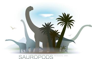 Sauropods in Prehistoric Environment Illustration. Paleonology. © Федор Целуйко