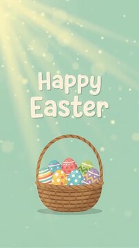 Happy Easter greeting with decorated eggs basket motion graphic, ai generated