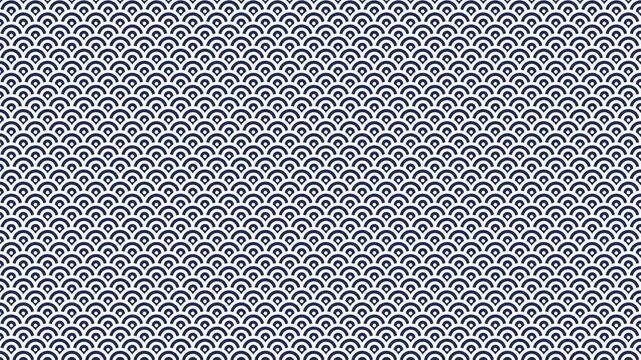 Seamless scrolling navy and white seigaiha wave pattern, looping animated background for video titles and streams, 4K 58 seconds