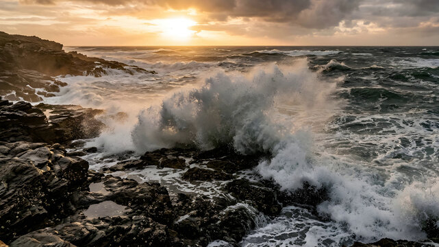 Vast ocean waves crashing against rocky shoreline during stormy weather