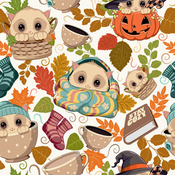 Cute Autumn Kitten Kawaii Style with Cozy Blanket, Pumpkin, Teacup and Basket, Adorable Halloween Seamless Pattern
