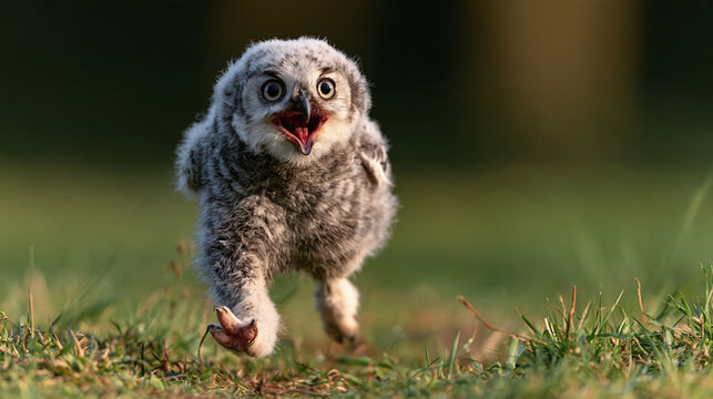 Funny great horned owl chick Bubo virginianus running on the grass