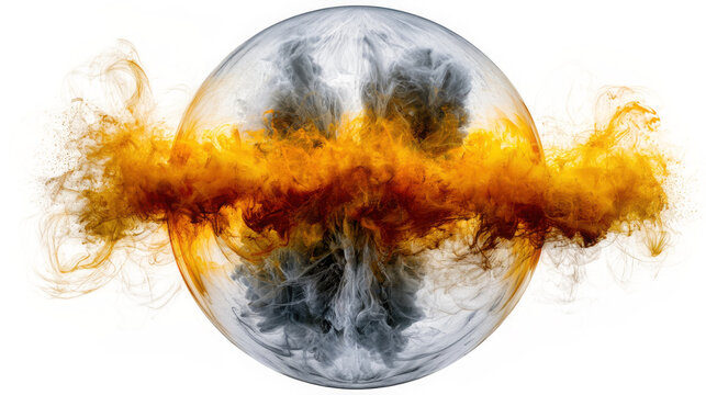 Glass sphere containing dark smoke is surrounded by a fiery orange cloud against a transparent background.