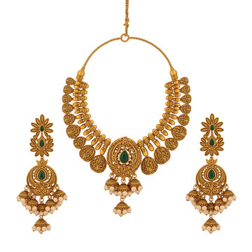 Gold traditional temple jewelry set with earrings and necklace isolated on transparent background