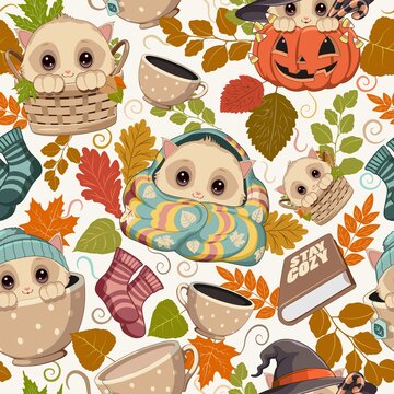Cute Autumn Kitten Kawaii Style with Cozy Blanket, Pumpkin, Teacup and Basket, Adorable Halloween Seamless Pattern
