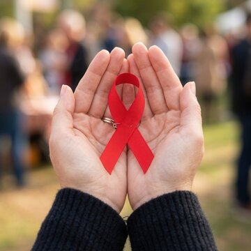 Hands Holding Red Ribbon Symbol of Hope and Awareness