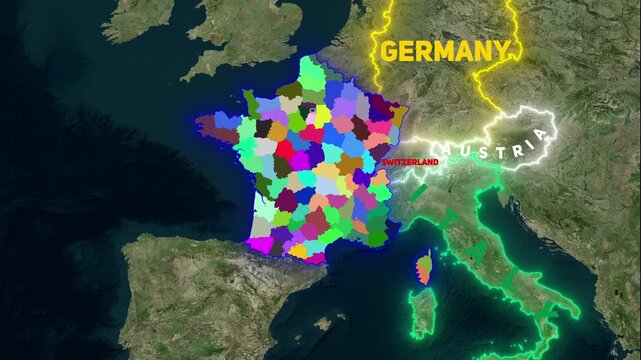 3D Animated Map of France Highlighting Departments, Neighboring Countries, and Regional Geography
