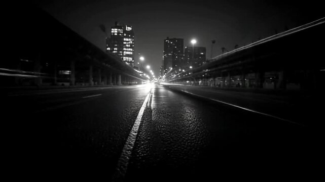 A ground-level view of a city avenue captures long exposure traffic lights flowing between towering skyscrapers, creating a melancholic and deeply liminal urban atmosphere.