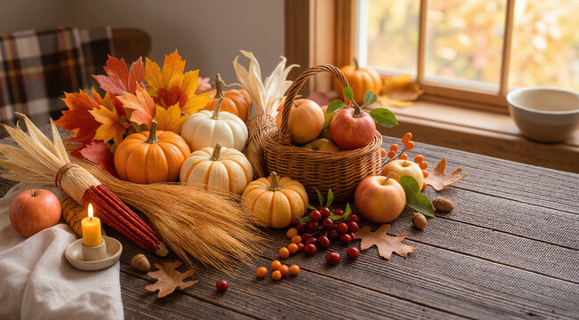 autumn still life with pumpkins and apples
