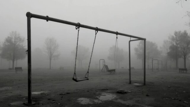 An empty playground emerges through drifting mist as a lone swing sways beneath barren trees, creating an eerie cinematic atmosphere of nostalgia, isolation and quiet unease.