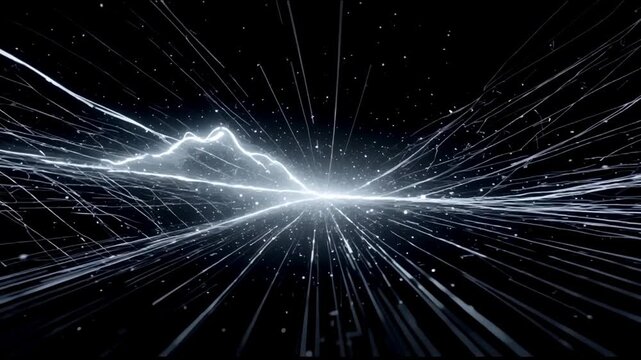 A luminous warp tunnel of blue-white neon lines and floating particles draws the camera forward through deep black space, creating an immersive futuristic visual for VJ performances and electronic mus