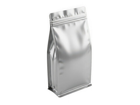 White Metallic Foil Stand Up Zipper Pouch Mockup Isolated Transparent Background Food Package