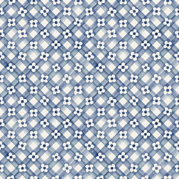 Blue watercolor plaid and white flowers seamless pattern