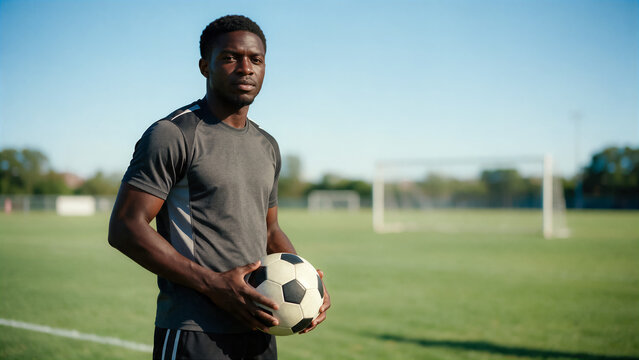 European soccer training session for university team, American man of Ghanaian descent holds soccer ball with both hands on pitch before putting it into play, poster bout popular sport team support