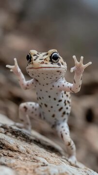Gecko standing upright upon rough rock, funny lizard showing combat stance, cute spotted reptile posing outdoor, defensive wildlife gesture, exotic pet greeting, tiny animal balance movement.
