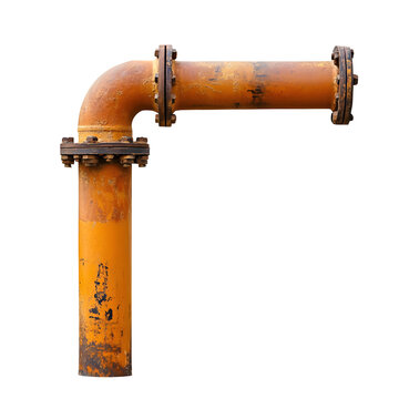 Orange metal pipe bent at a right angle with connecting flanges for industrial use.