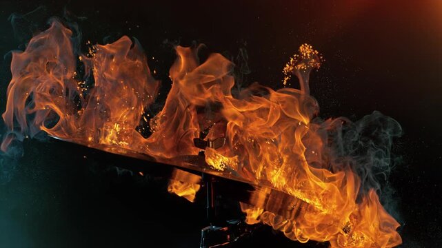 Super Slow Motion Shot of Cymbal Hit Igniting Dramatic Flames and Sparks at 1000fps.