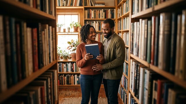 Couple holding a book in a cozy library surrounded by bookshelves filled with books
