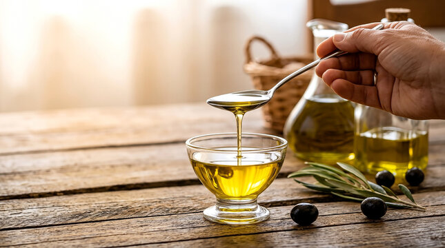 Pouring golden extra virgin olive oil from a spoon into a glass bowl on a rustic wooden table with fresh olives and oil bottles