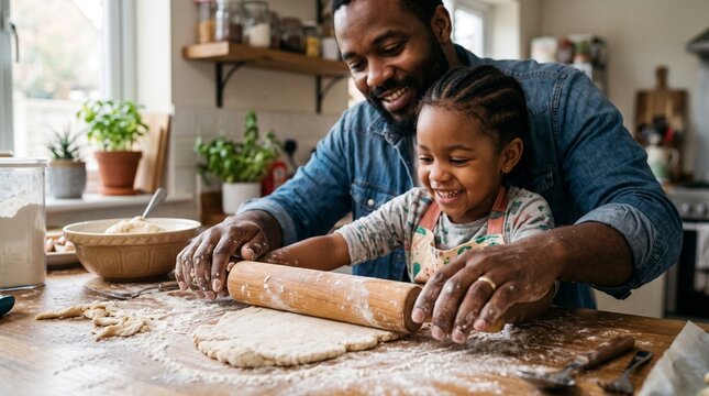 Father and daughter happily baking together in a bright kitchen rolling out dough