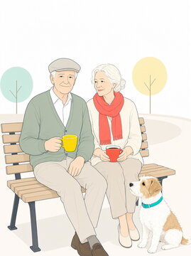 An elderly couple is sitting on a park bench with coffee in their hands; a small dog is beside them
