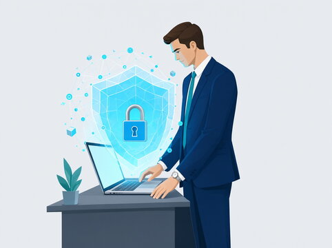 A businessman stands next to a laptop secured with a padlock; a cybersecurity illustration